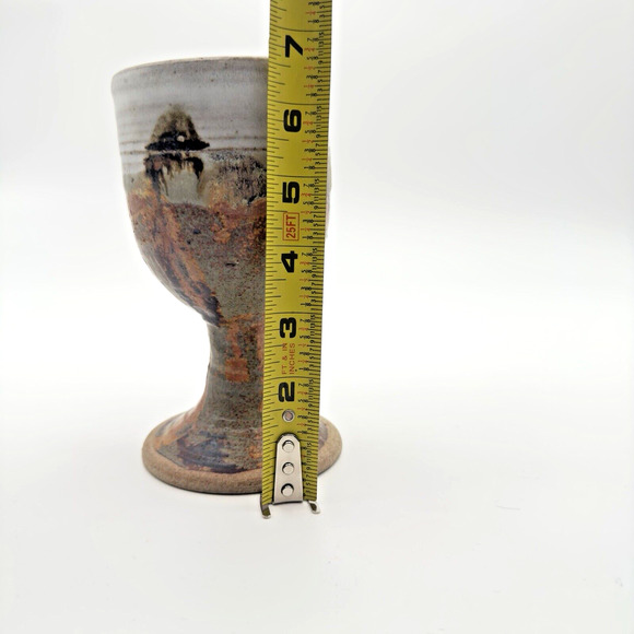 Studio Art Pottery Goblet Chalice Cup Textured Brown Gray Stoneware Signed #2 - Picture 9 of 10